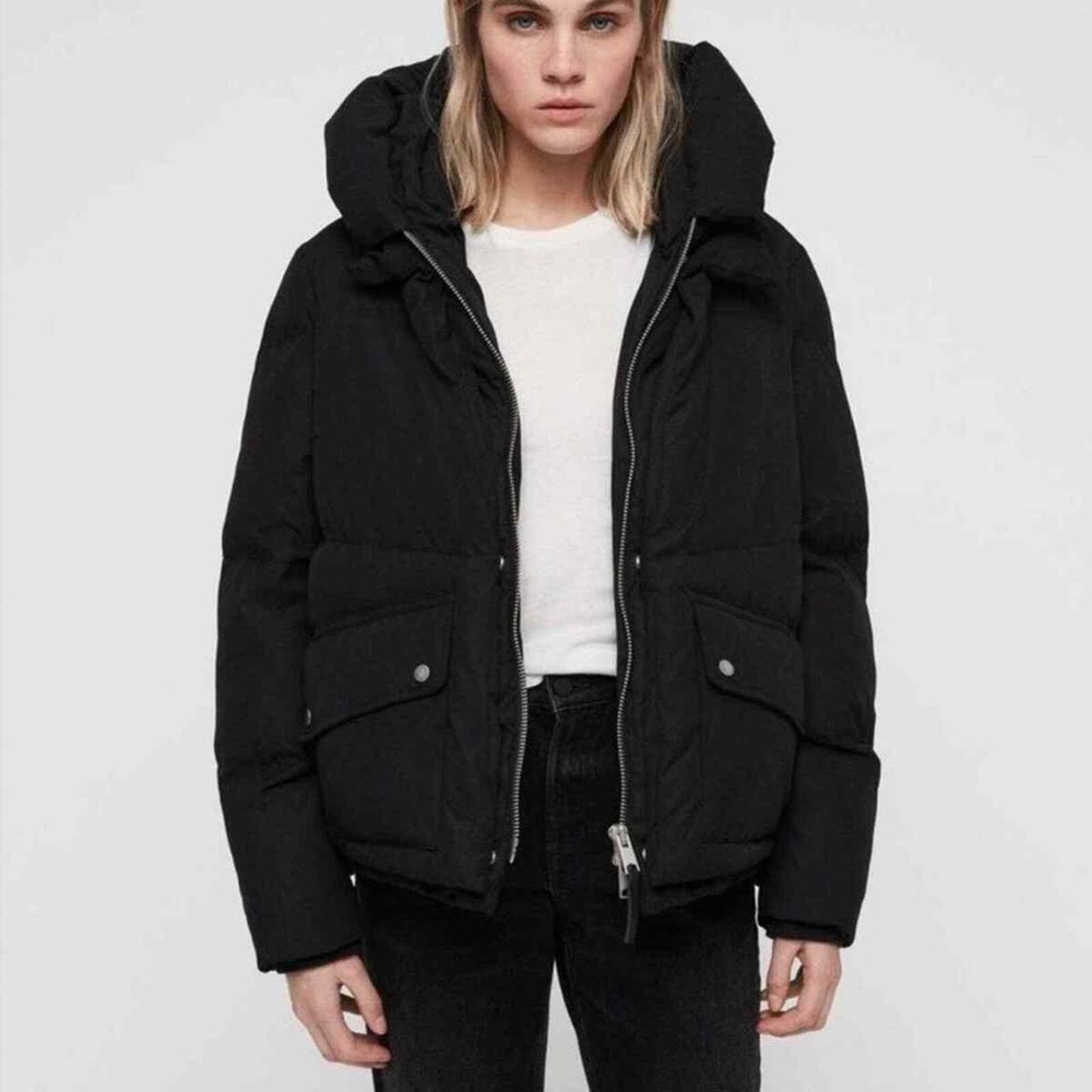 All Saints Charcoal Hooded Puffer Coat